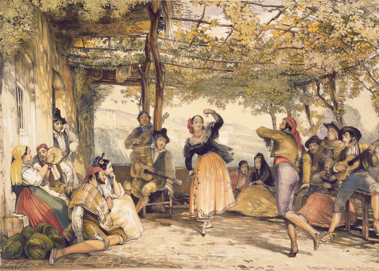 Talonpojat tanssimassa Boleroa, "Sketches of Spain", kaiverrettu Charles Joseph Hullmandel (1789-1850), julkaistu 1836 tekijältä John Frederick Lewis