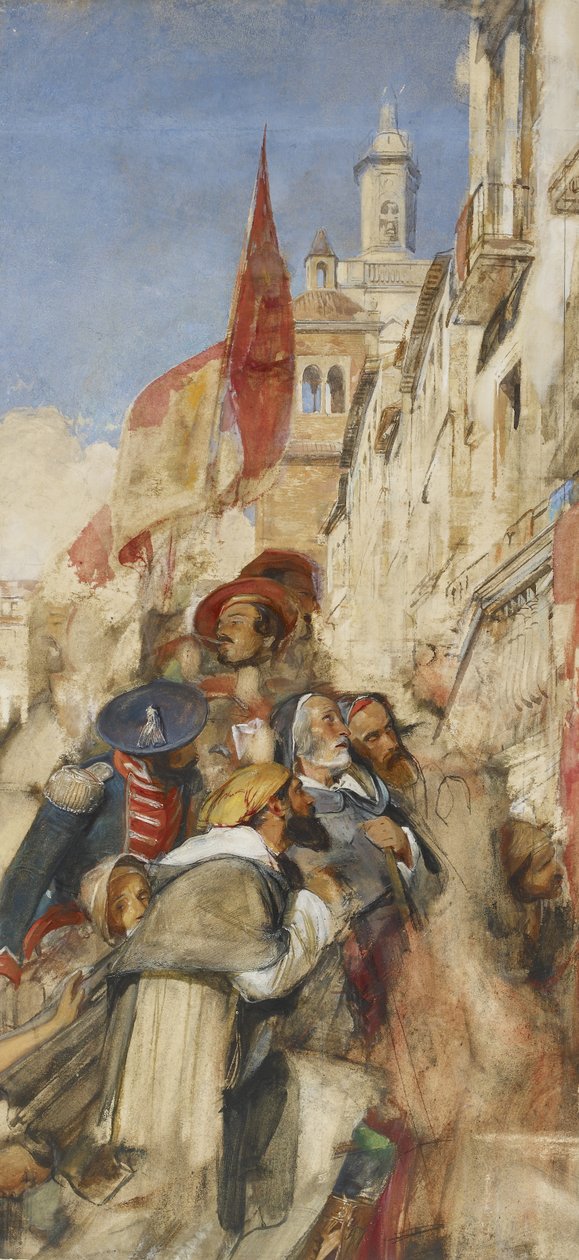 Tutkimus Don Carlosin julistamisesta (akvarelli ja vartaloväri grafiitin päällä) tekijältä John Frederick Lewis