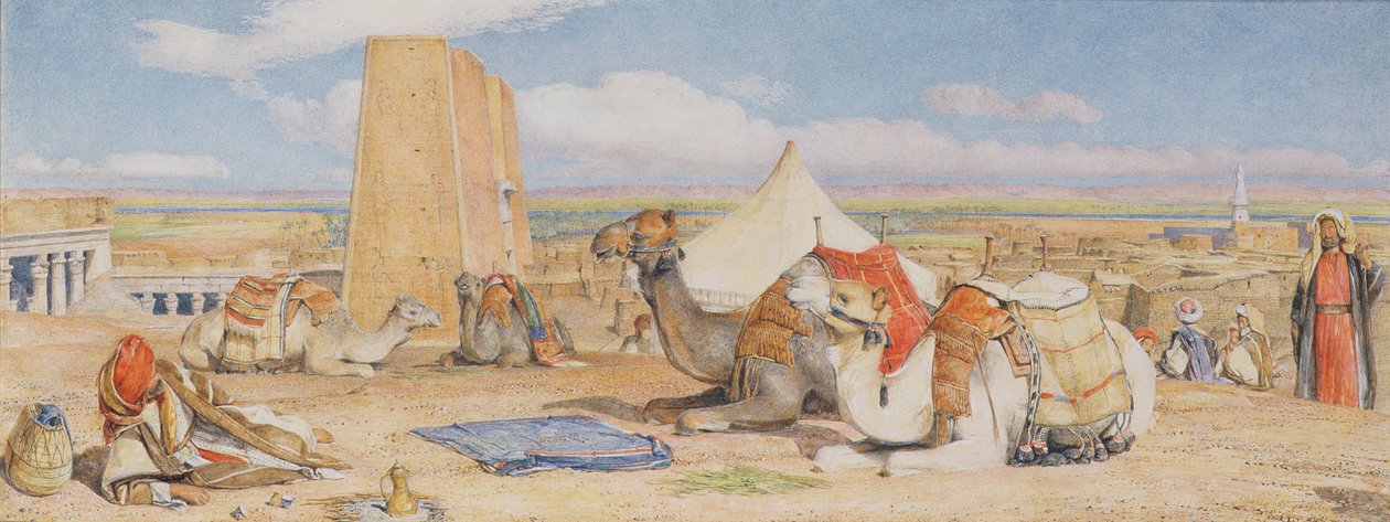 Karavaani - arabien leirintäalue Edfoussa, n. 1861 (wc kynällä korostettu valkoisella) tekijältä John Frederick Lewis
