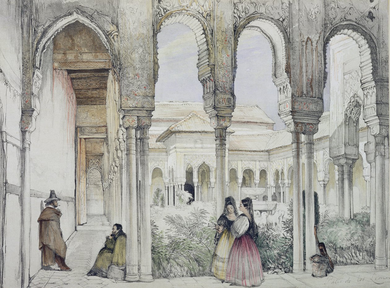 Leijonien tuomioistuin (Patio de los Leones), teoksesta "Alhambran luonnokset ja piirustukset", kaiverrus William Gauci (fl.1825-54), 1835 tekijältä John Frederick Lewis