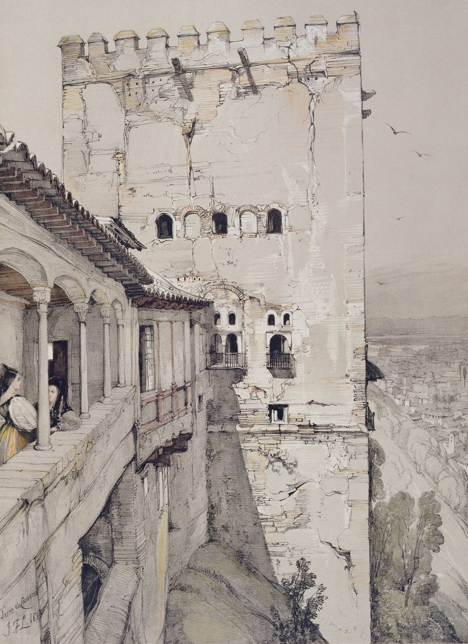 Comaresin torni (Torre de Comares), teoksesta "Sketches and Drawings of the Alhambra", kaivertaja James Duffield Harding (1798-1863), 1835. tekijältä John Frederick Lewis
