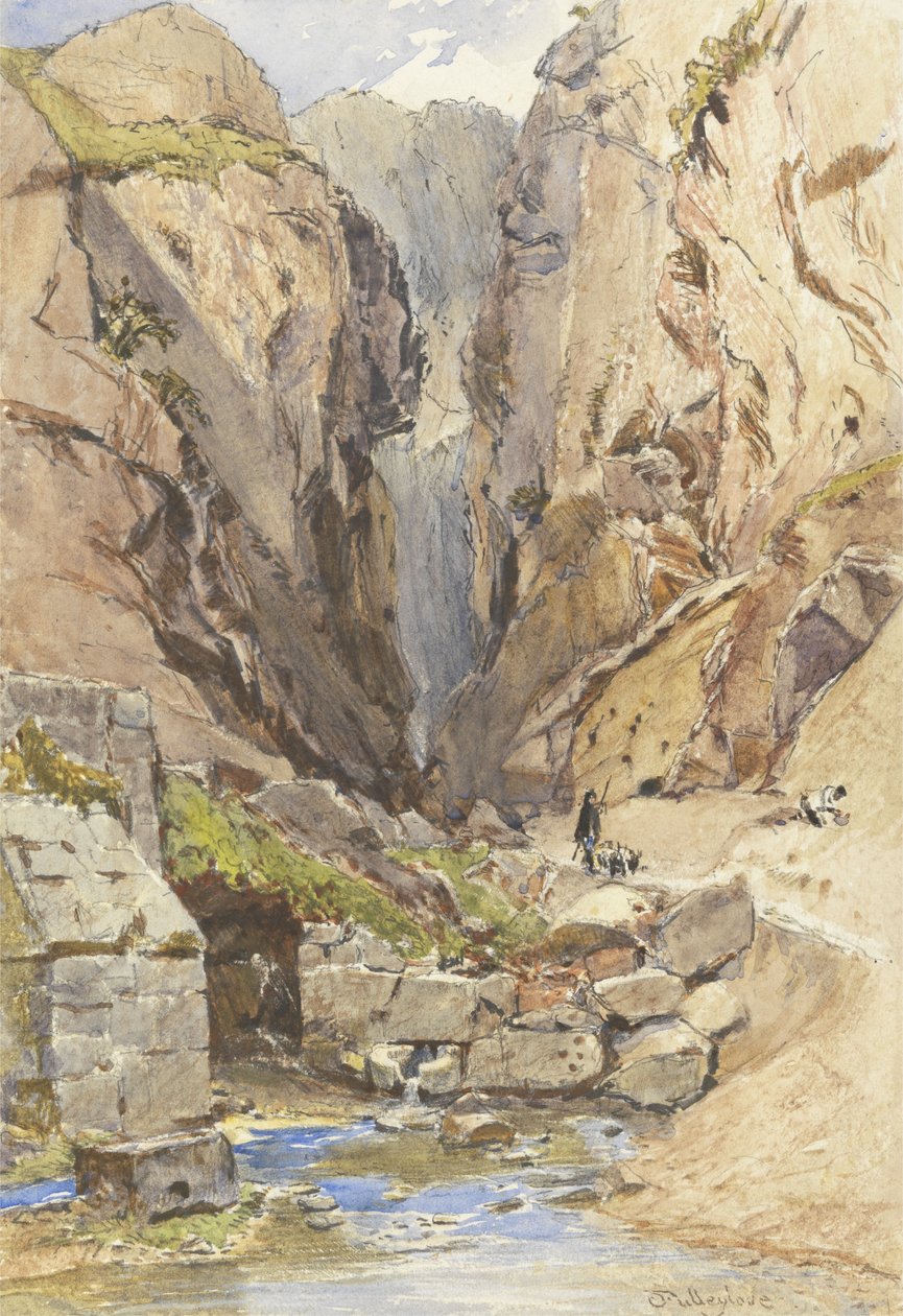 Castalian Spring, Delphi, n. 1895 (wc ja grafiitti paperilla) tekijältä John Fulleylove