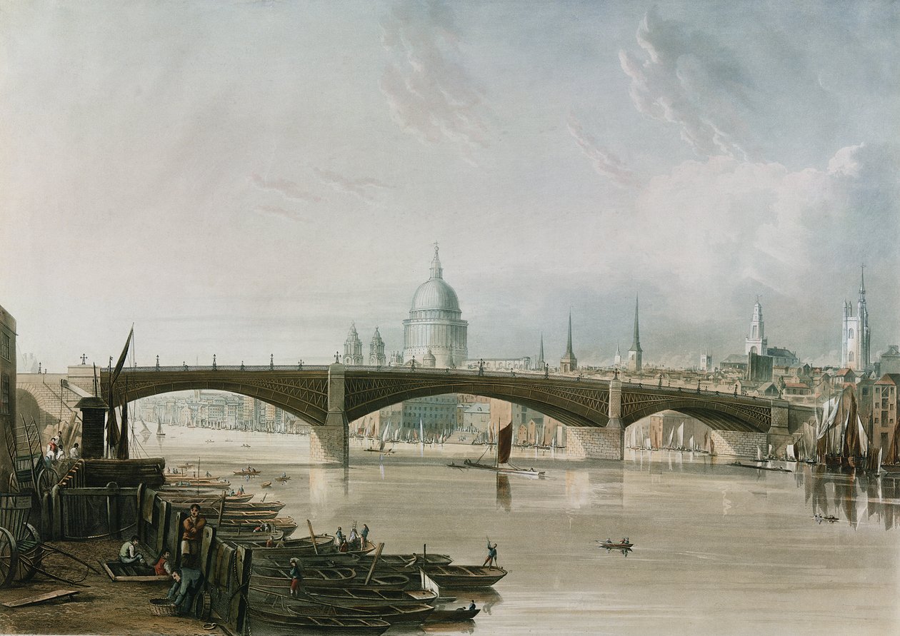 Southwark Iron Bridge, nähtynä Banksidesta, kaiverrus Thomas Sutherland (s.1785), pub. 1819, Ackermann