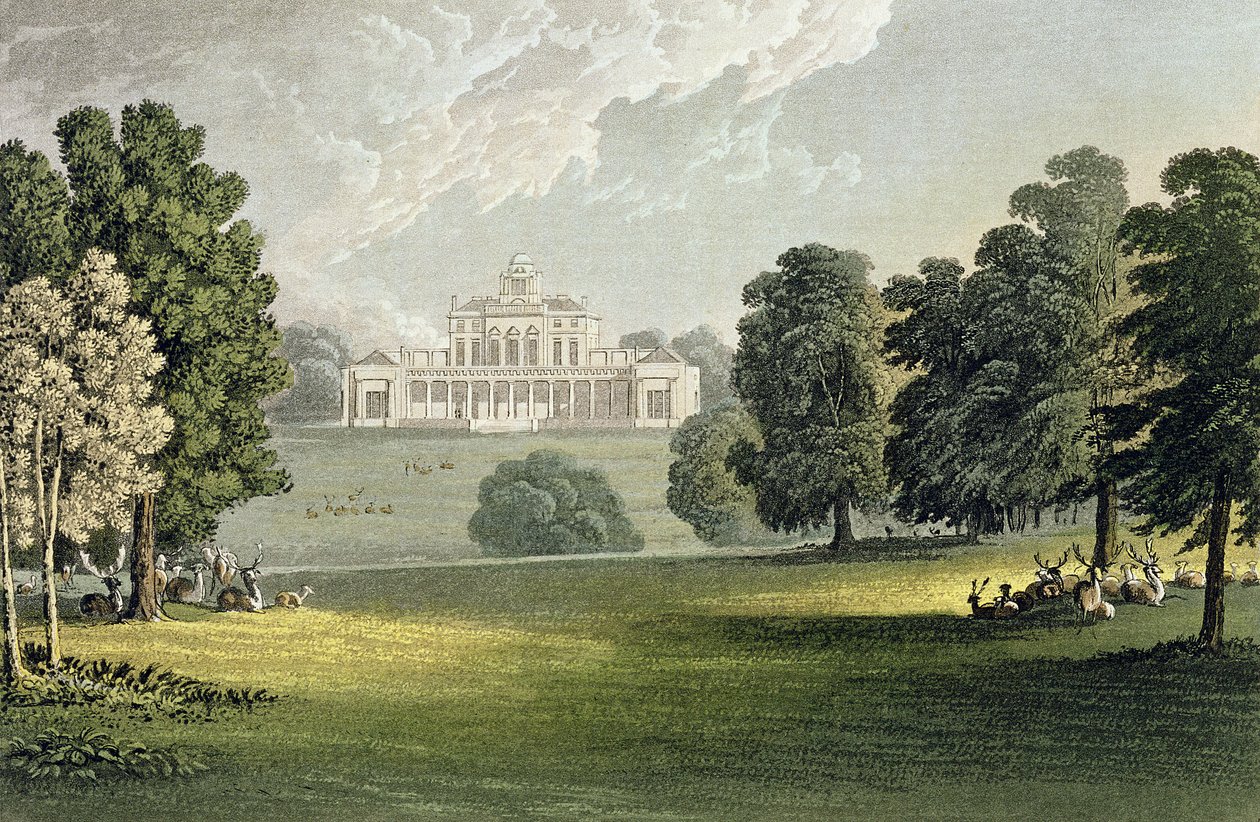 Stoke Park, Ackermannin "Repository of Arts" -teoksesta, julkaistu noin vuonna 1826. tekijältä John Gendall