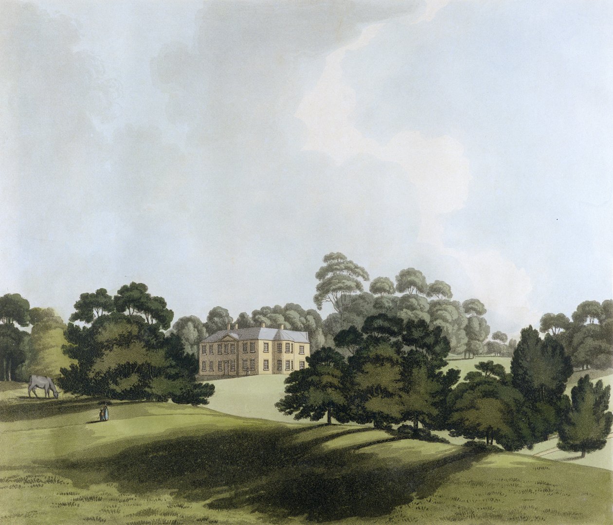 Vinters Kentissä, James Whatman Esq.:n kotipaikka, "Views in Kent", 1800 (käsinvärinen akvatinta) tekijältä John George Wood