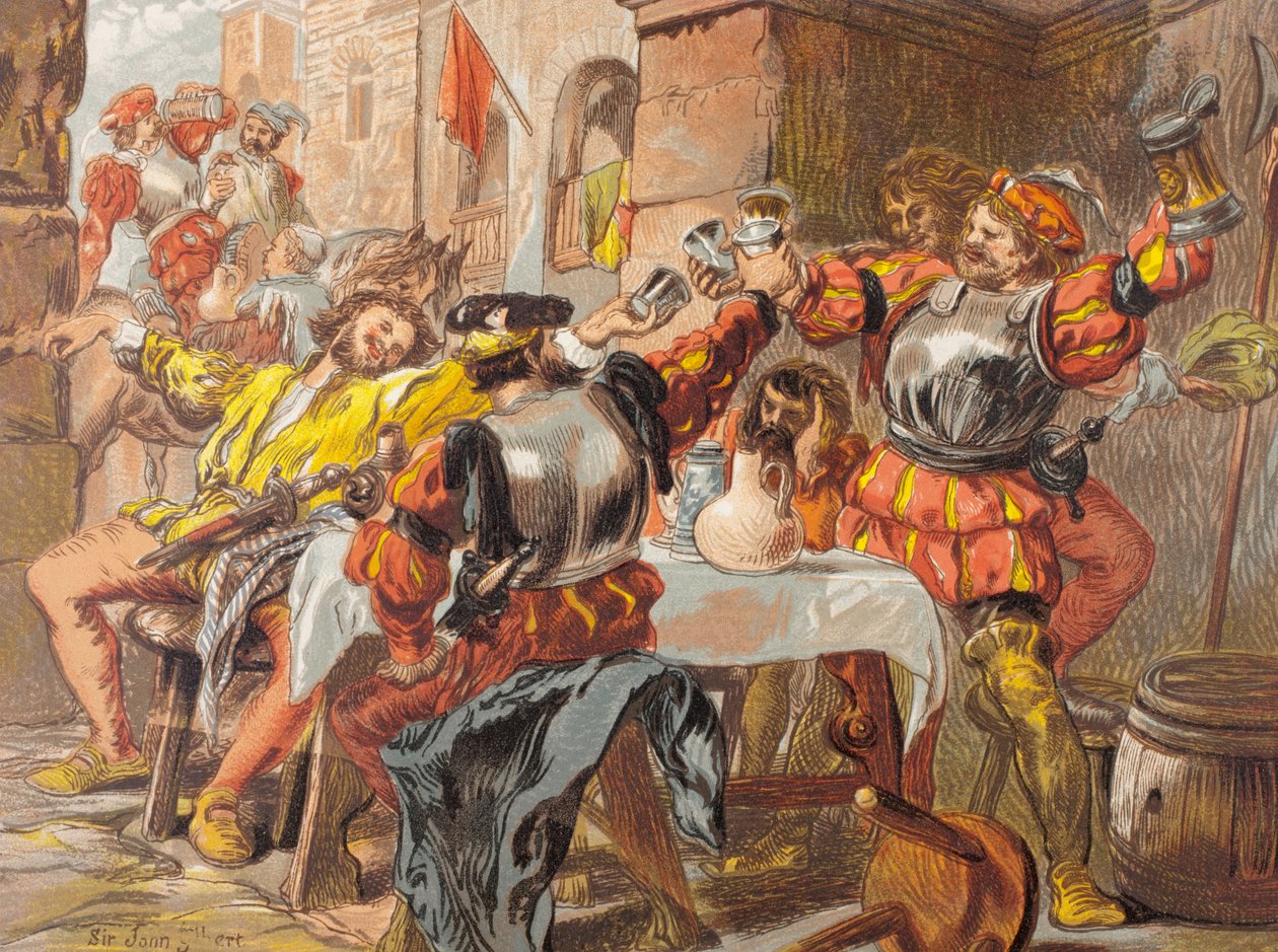 Iago puhuu Othellossa, näytös II, kohtaus II, "Let me the canakin clink", "The Illustrated Library Shakespeare", julkaistu Lontoossa 1890 tekijältä John Gilbert