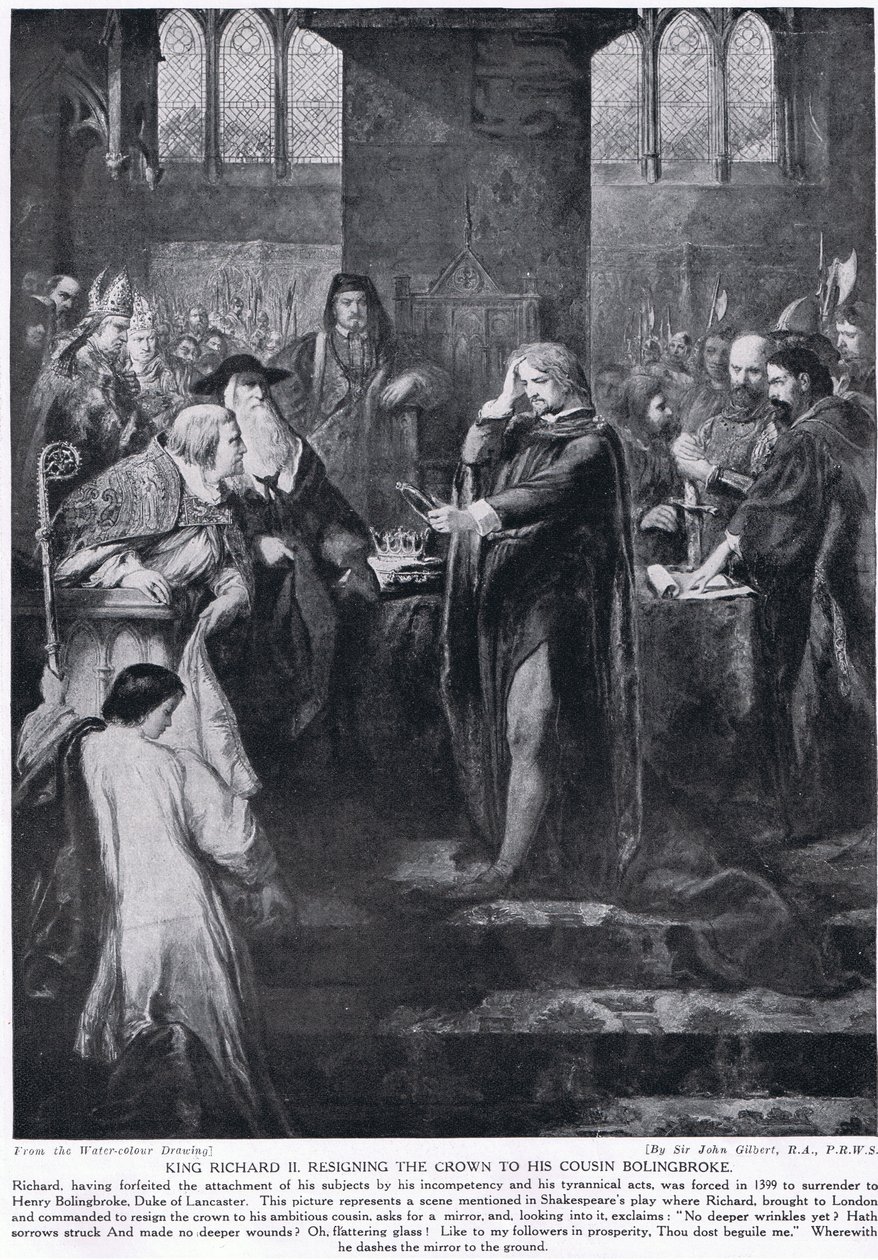 Kuningas Richard II luopumassa kruunusta serkkulleen Bolingbrokelle, kuva Hutchinsonin kansojen historiasta, n. 1910 tekijältä John Gilbert