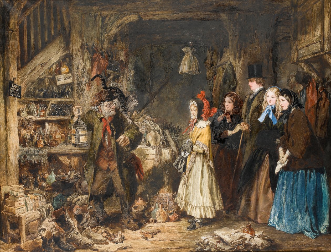 Miss Flite esittelee Jarndycen seurakunnat Krookille, The Lord Chancellorille, kohtauksen Charles Dickensin Bleak Housesta, n. 1860 (wc paperilla) tekijältä John Gilbert