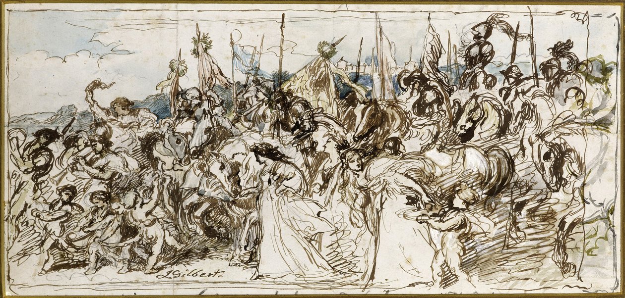 Luonnos "Voittajien paluulle", 1879 (kynä ja muste ja wc) tekijältä John Gilbert