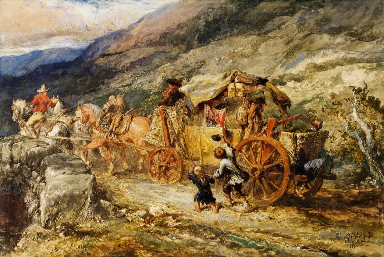 Viime vuosisadan lavavalmentaja, 1855 (wc ja guassi paperilla) tekijältä John Gilbert