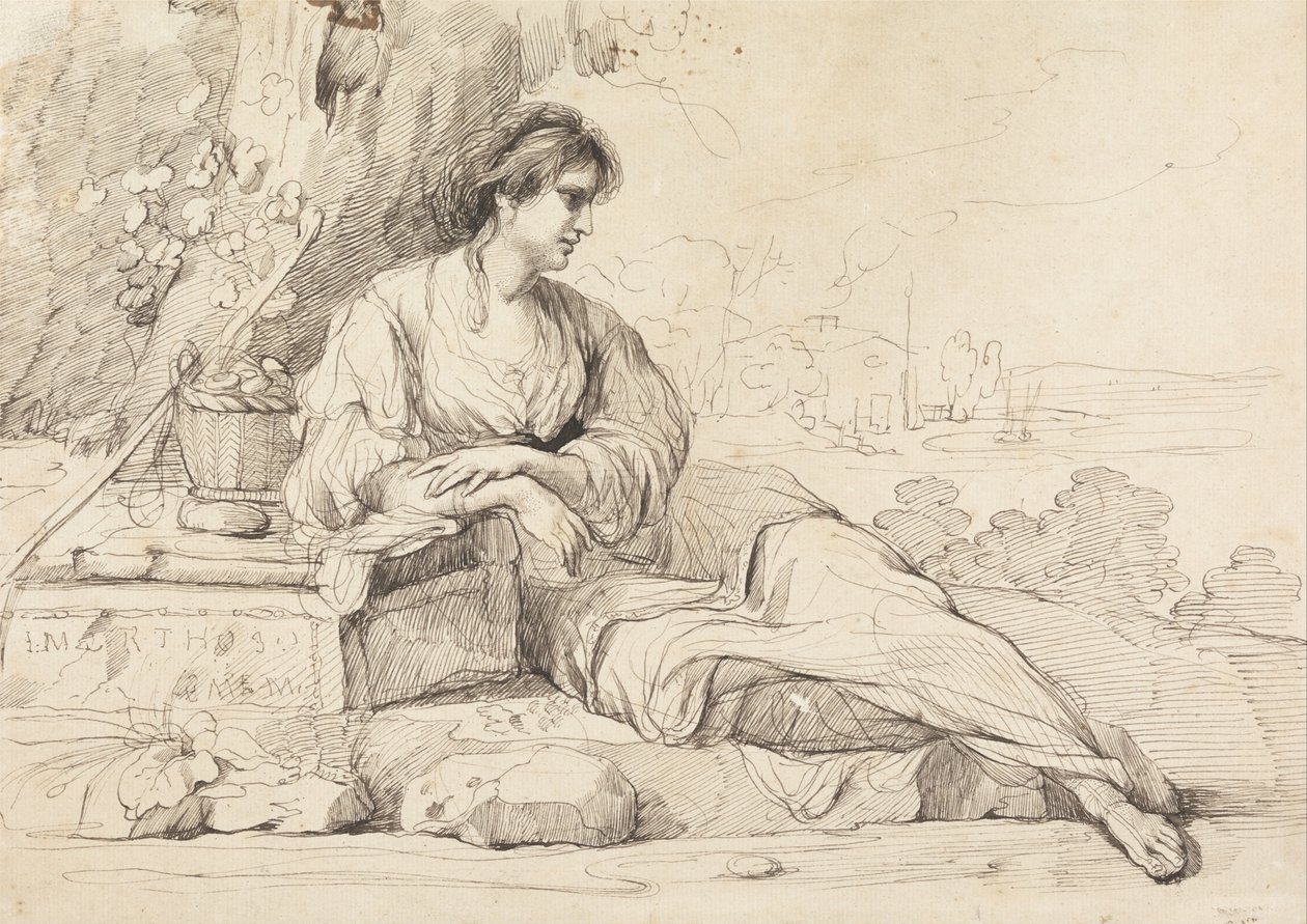 Istuva naishahmo Italian maisemassa tekijältä John Hamilton Mortimer