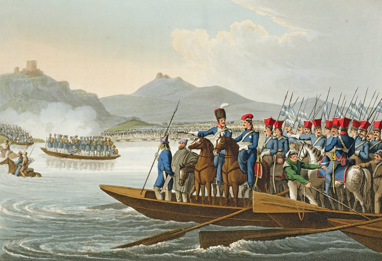 Liittoutuneiden armeija ylittää Reinin valloittaakseen Ranskan vuonna 1813, kaiverrettu Matthew Dubourgin (1813-20) teoksesta "Historic, Military and Naval Anecdotes", julkaissut Edward Orme (1774-1820) 1816 (akvatintta). tekijältä John Heaviside Clark
