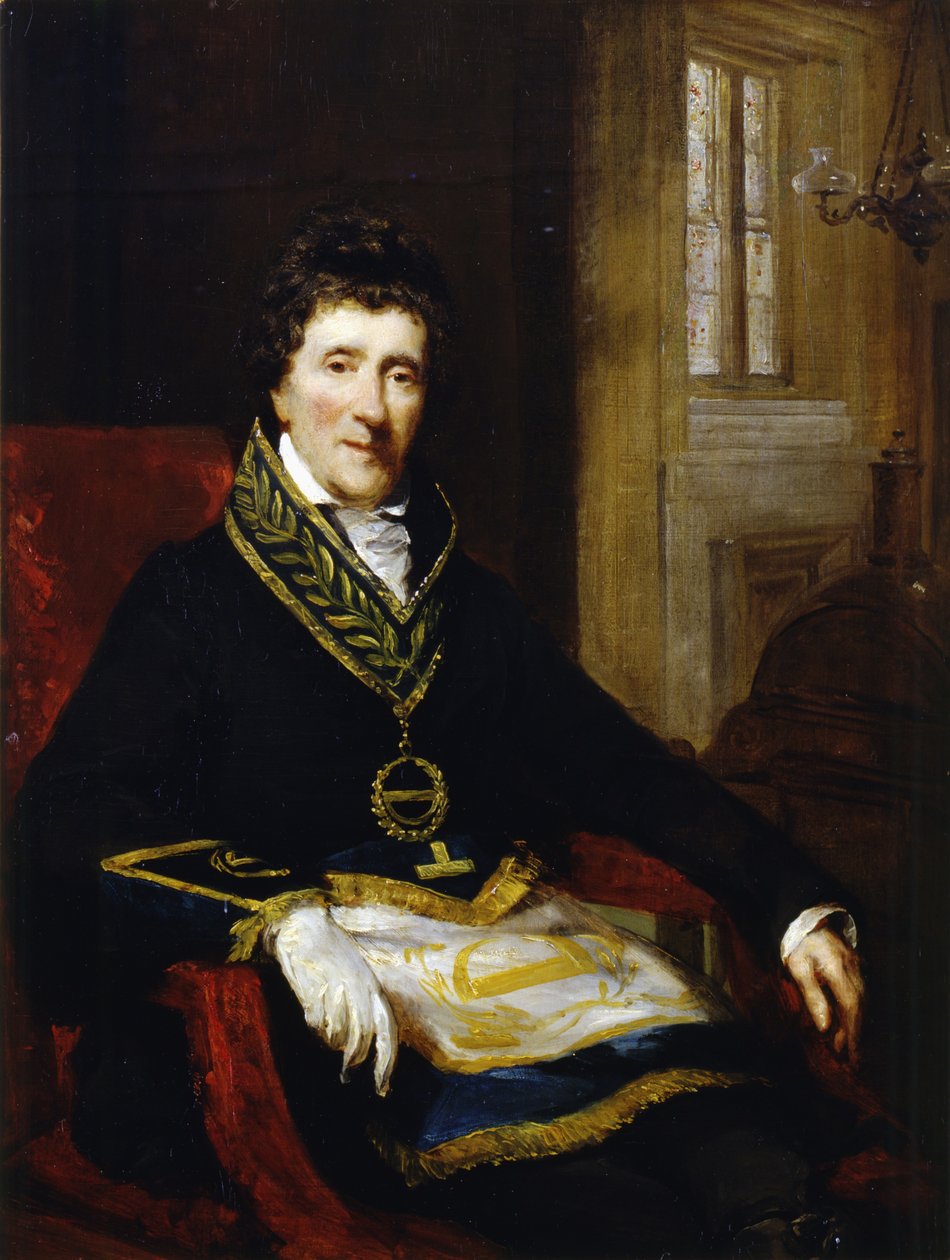 Sir John Soane vapaamuuraripuvussa, suurpäällikkönä ja rakennuslautakunnan puheenjohtajana, 1828-29. tekijältä John Jackson
