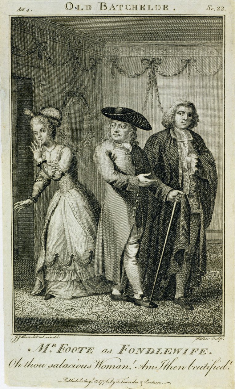 Mr Foote Fondlewifenä elokuvassa "The Old Bachelor", kaiverrus W. Walker, 1776 tekijältä John James Barralet