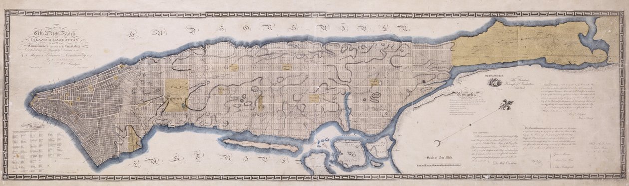 Komission jäsensuunnitelma, New Yorkin kaupungin kartta, 3. huhtikuuta 1807 hyväksytyllä lainsäätäjällä nimitettyjen komissaarien laatima, kaivertanut P. Maverick, 1811 (litografia, muste, väripesu.) tekijältä John Jr. Randel