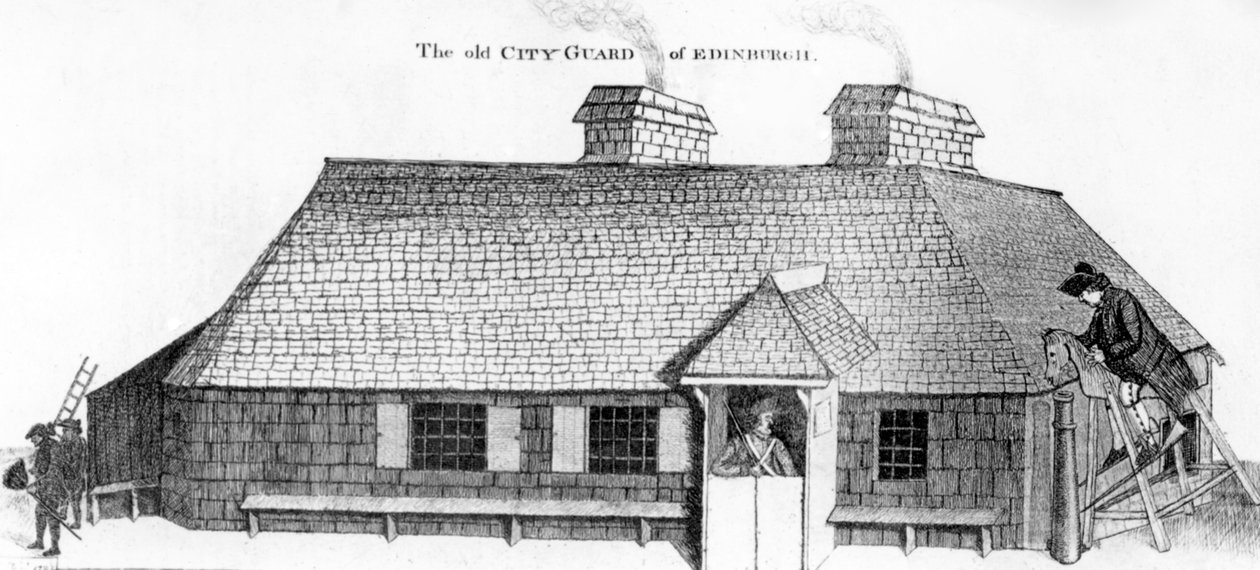 Edinburghin vanhan kaupungin vartija puisen hevosen kanssa sotilaan rankaisemisesta, 1786 tekijältä John Kay