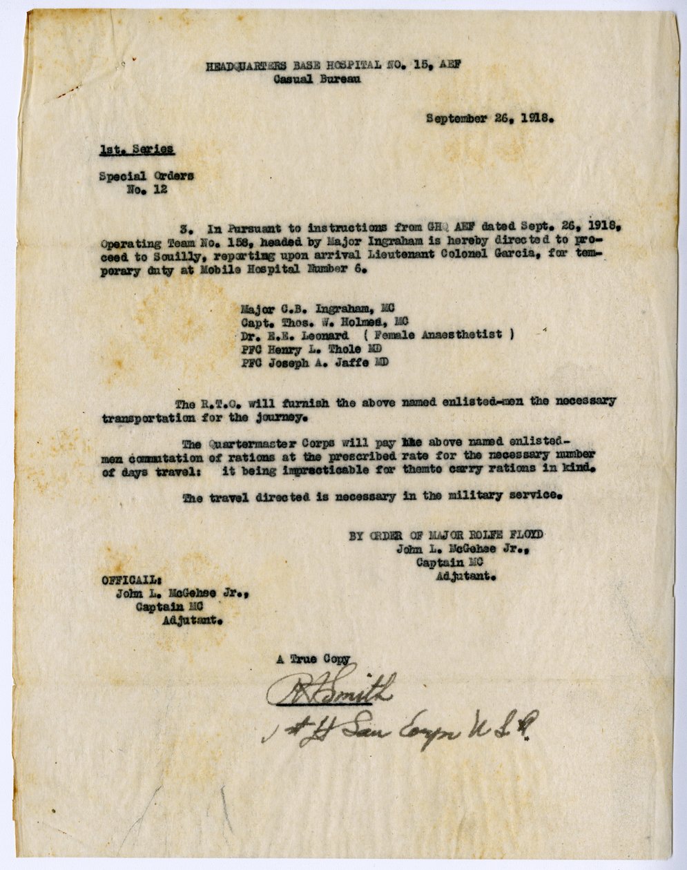 Erikoistilaukset nro 12, ote, päämajapohjasairaala nro 15, rento toimisto, Rolfe Floydin määräyksellä, 26. syyskuuta 1918 tekijältä John L. McGehee