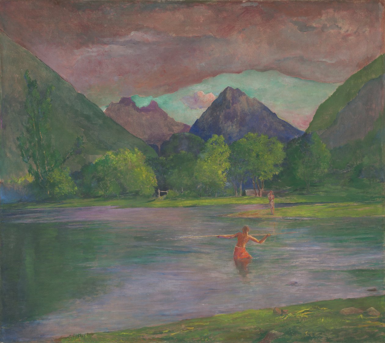 Afterglow, Tautira River, Tahiti, Fisherman Spearing a Fish, n. 1895 tekijältä John La Farge or Lafarge