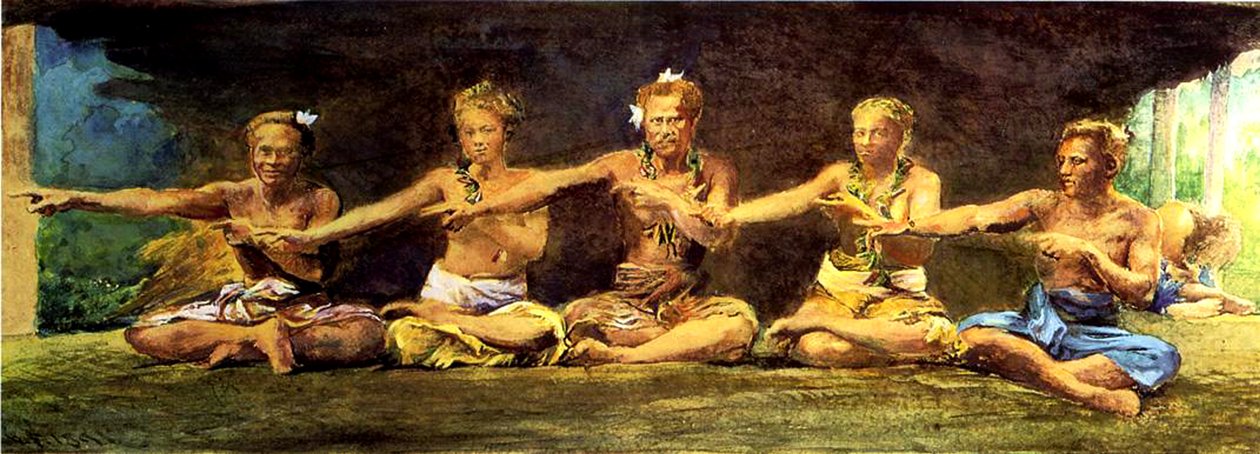 Siva-tanssi 5 tanssijan kanssa, Vaiala, Samoa, 1890 (wc ja guassi paperilla) tekijältä John La Farge or Lafarge