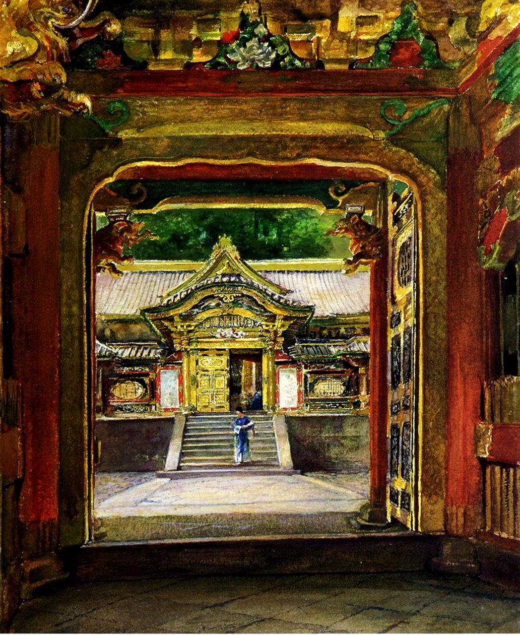 3rd Gate, Iyemitsun temppeli, Nikko, Japani, n. 1886 (wc ja guassi paperilla) tekijältä John La Farge or Lafarge