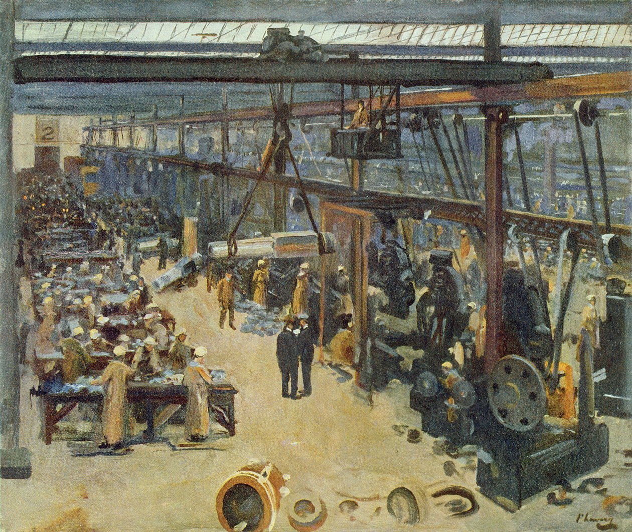 Kohtaus Clyde Shipyardilla, (Mssrs Beardmore und Co), British Artists at the Front -elokuvalta, jatkoa teokselle "The Western Front", 1918 tekijältä John Lavery