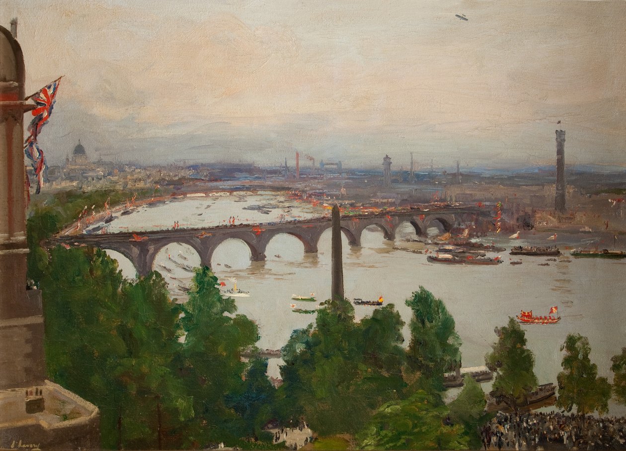 River Pageant, nähtynä Sir James Barriesin kodista, Adelphi Terrace, Lontoo, 4. elokuuta 1919, 1919 tekijältä John Lavery