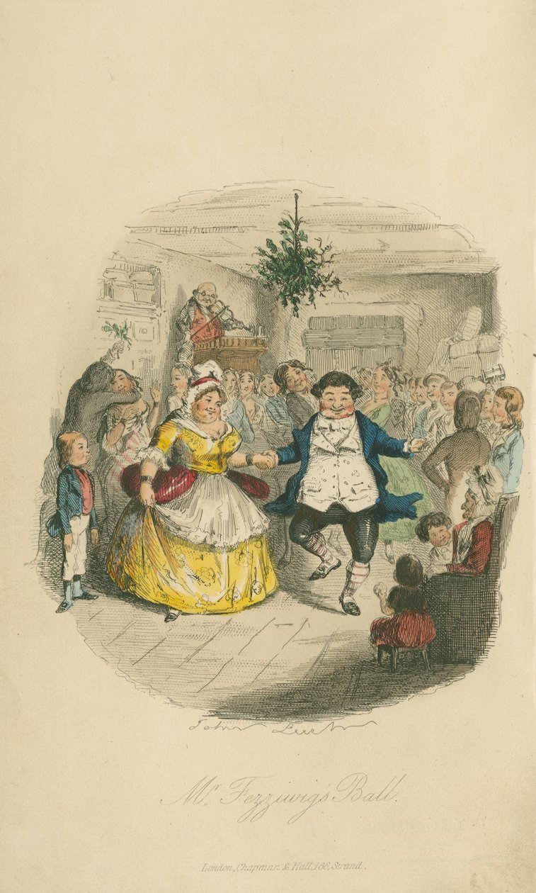Fezziwigin tanssiaiset - Joululaulu, 1843 (värillinen etsaus) tekijältä John Leech