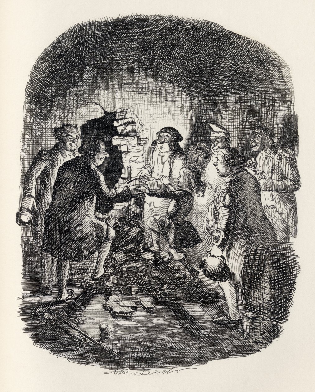 Pikku Jack Ingoldsby astumassa kellariin Thomas Ingoldsbyn teoksesta The Ingoldsby Legends, julkaisija Richard Bentley und Son, 1887 tekijältä John Leech