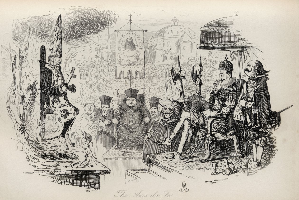 Auto-da-Fe, Thomas Ingoldsbyn teoksesta "The Ingoldsby Legends", julkaisija Richard Bentley und Son, 1887 tekijältä John Leech