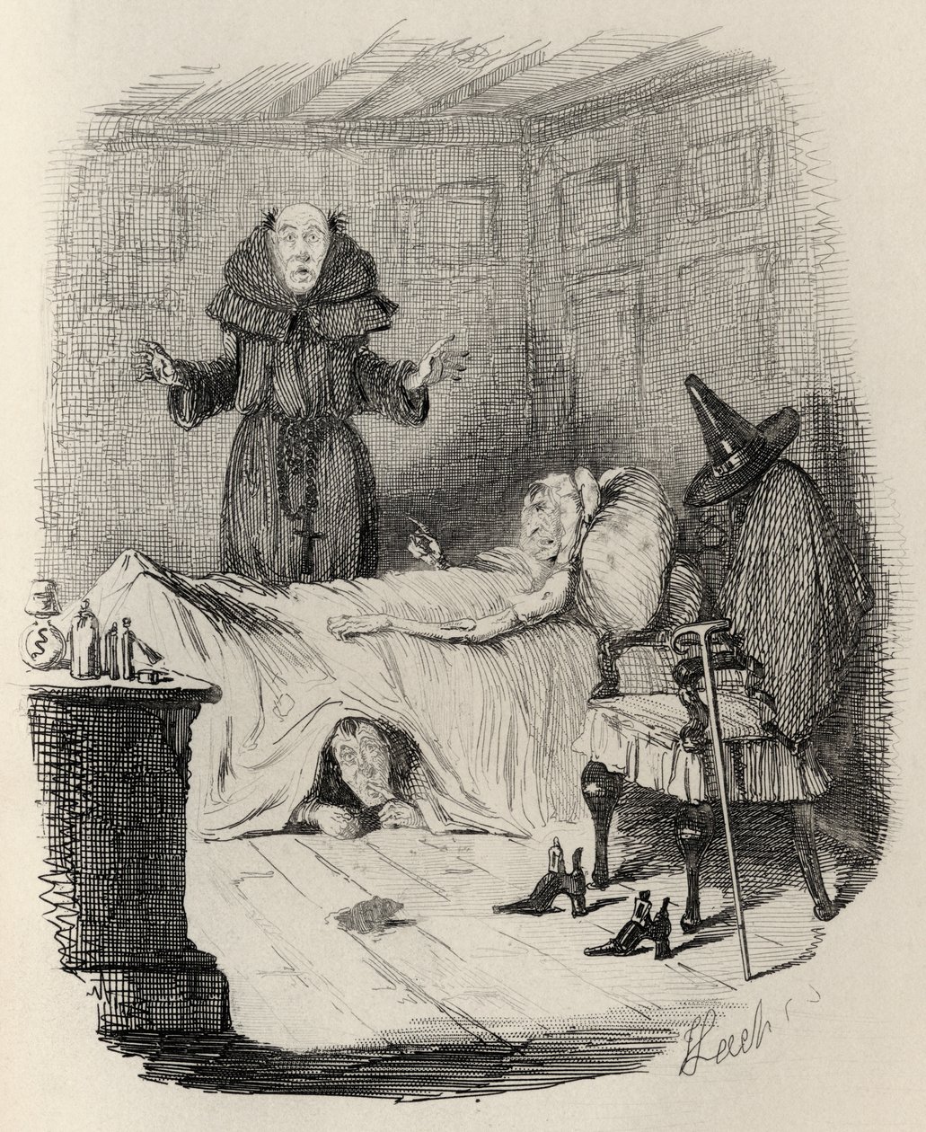 Harmaan pukeutuneen vanhan naisen tunnustus Thomas Ingoldsbyn teoksesta "The Ingoldsby Legends", julkaisija Richard Bentley und Son, 1887 tekijältä John Leech