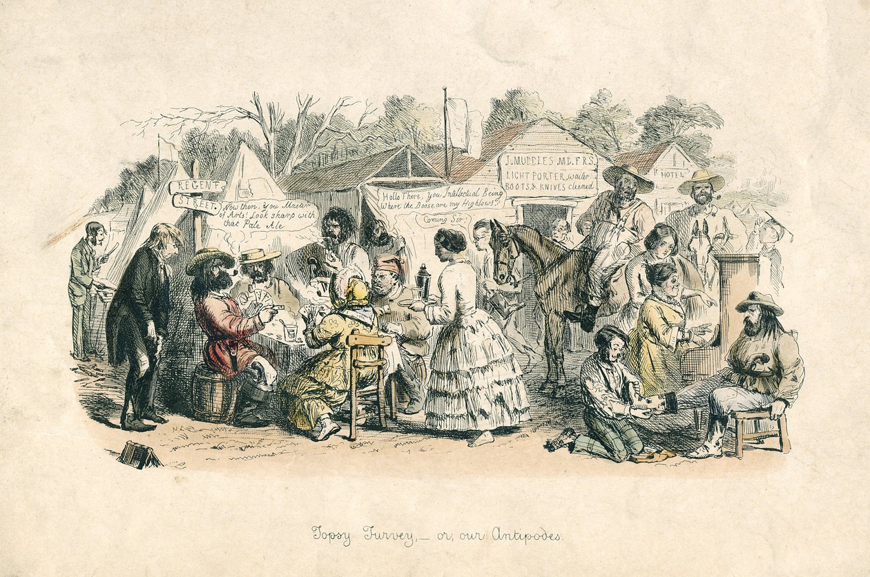 Topsy turvey - tai Antipodit, 1864 (käsin värjätty etsaus). tekijältä John Leech