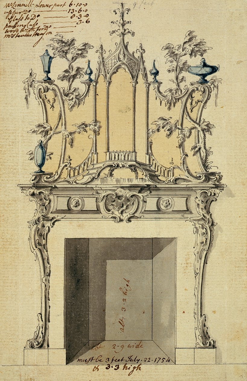Suunnittelu rokokoo-piippupalalle, 1754 (kynä, muste ja wc paperilla) tekijältä John Linnell