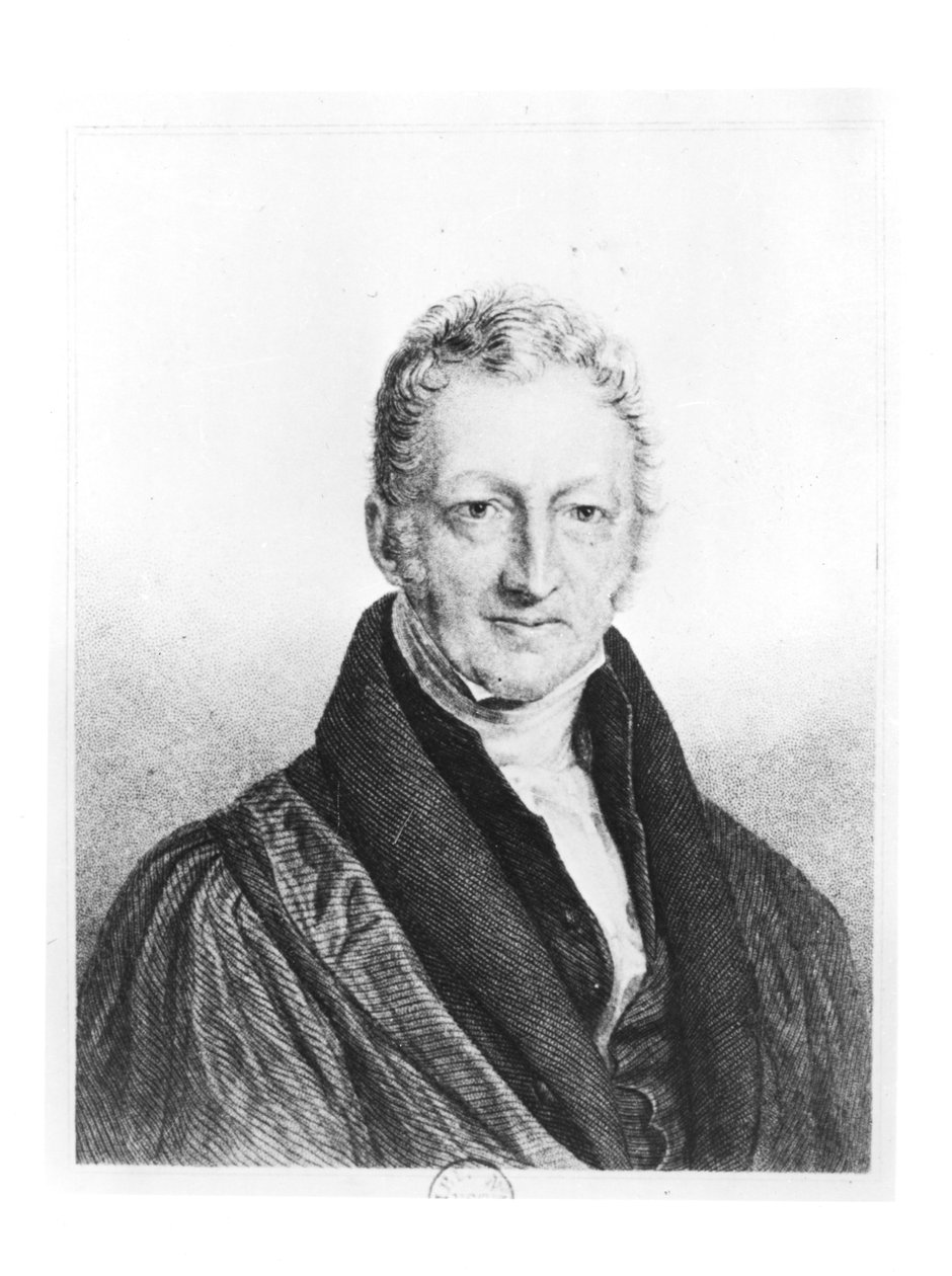 Thomas Robert Malthusin (1766-1834) muotokuva, jonka Fournier kaivertaa "Politiikan taloustieteen sanakirjaa" varten, 1853 tekijältä John Linnell