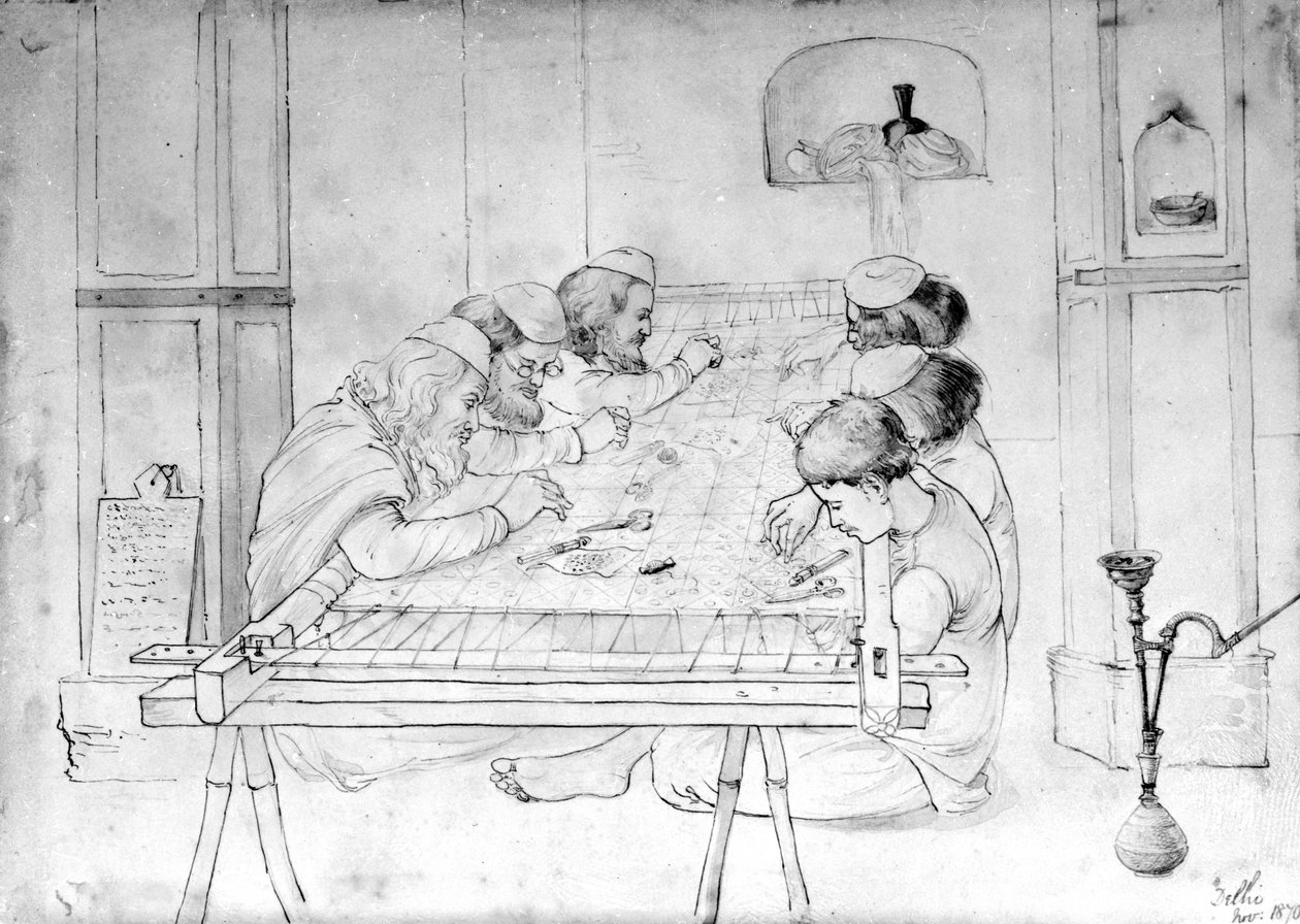 Miehet työskentelevät kirjontakehyksen parissa, 1870 (lyijykynä, kynä ja pesu paperille) tekijältä John Lockwood Kipling