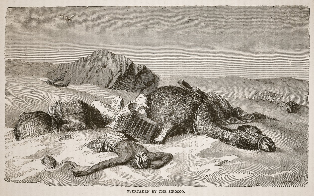 Siroccon valloittama, kuvitus teoksesta The Pictorial Edition of the Life and Discoveries of David Livingstone, kirjoittanut J. Ewing Richie, julkaissut A. Fullarton und Co., 1876. tekijältä John Martin