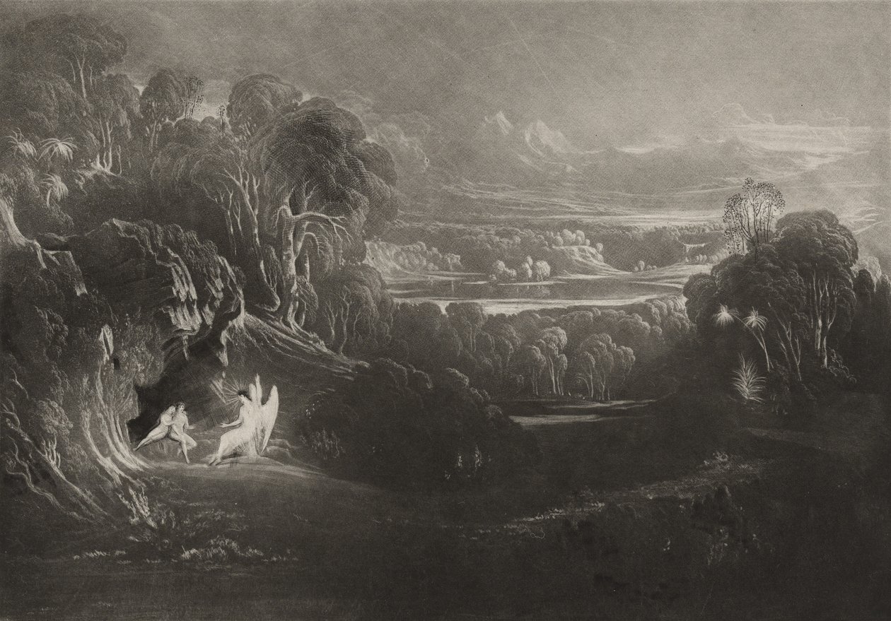 Rafael keskustelee Aadamin ja Eevan kanssa, n. 1827 (mezzotint) tekijältä John Martin