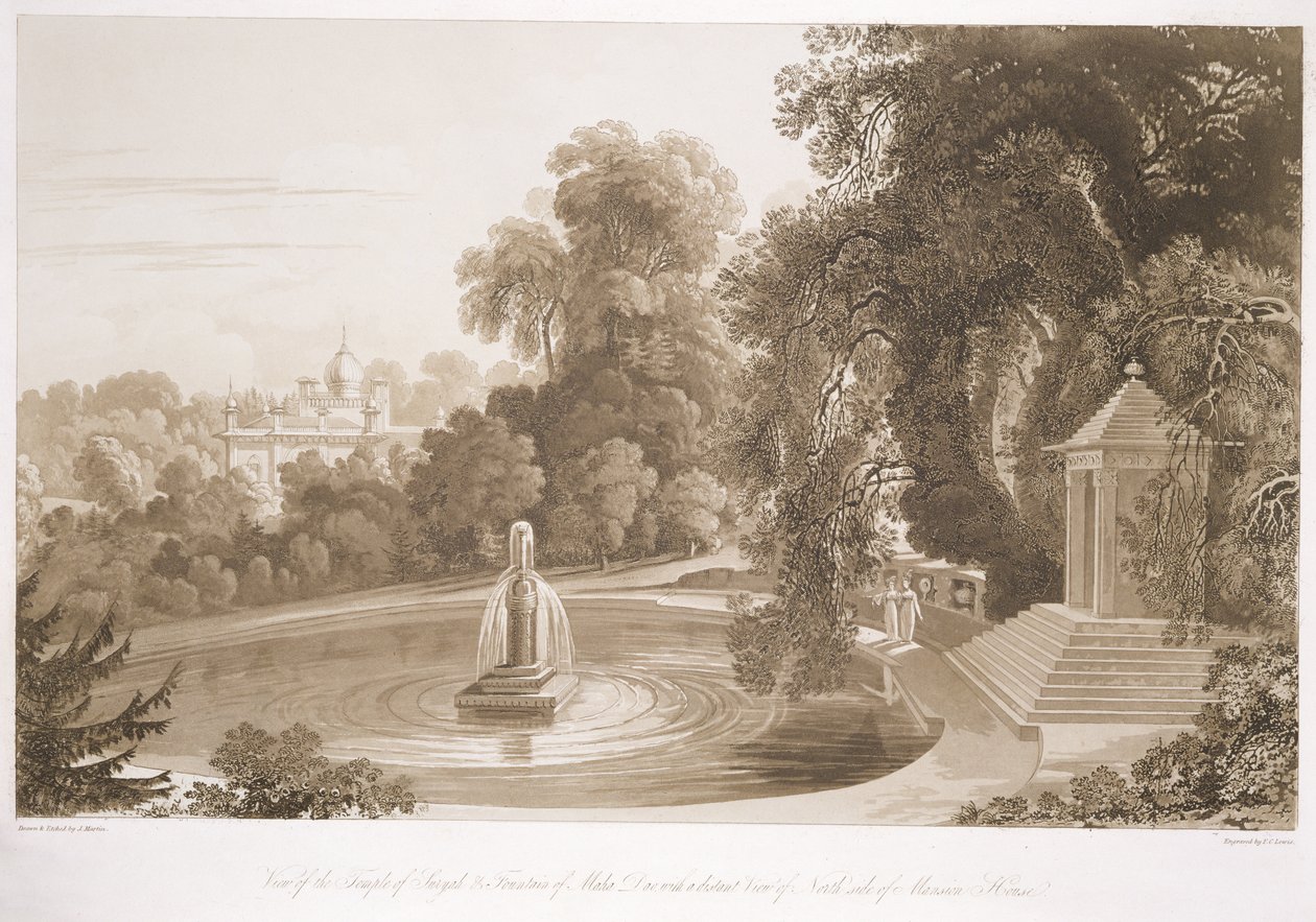 Näkymä Suryahin temppelille ja Mahah Doon suihkulähteelle kaukaisella näkymällä Mansion Housen pohjoispuolelle, Sezincote, Frederick Christian Lewis Snr. (1779-1856), noin 1817-18 (syyskuu tekijältä John Martin