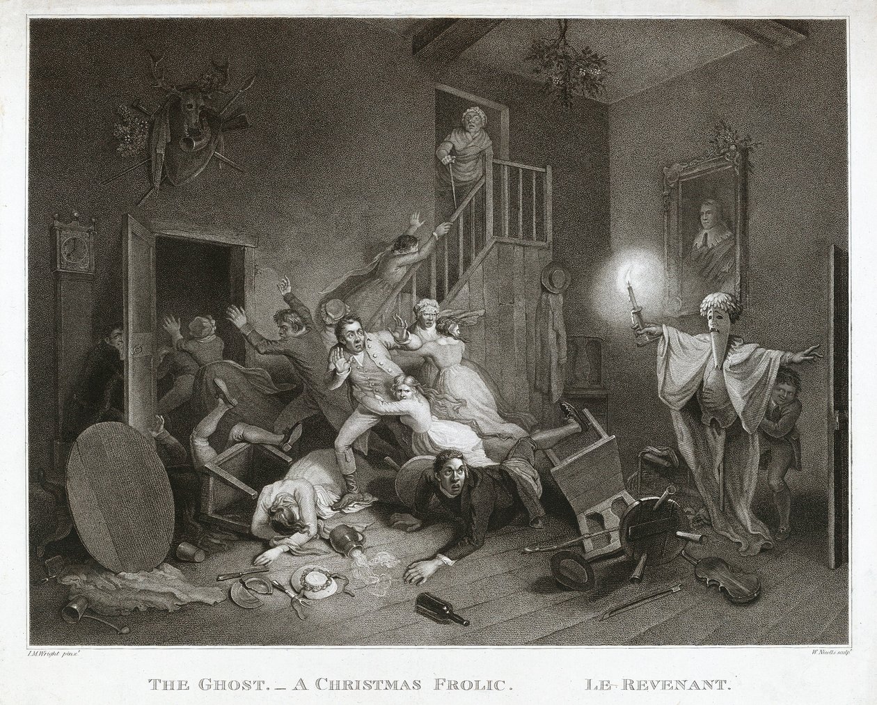 The Ghost - A Christmas Frolic - Le Revenant, painettu 1814 (pistekaiverrus) tekijältä John Massey Wright