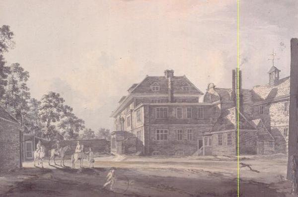 Kartanon sisäpiha hahmoineen, 1700-luku tekijältä John Melchior Barralet