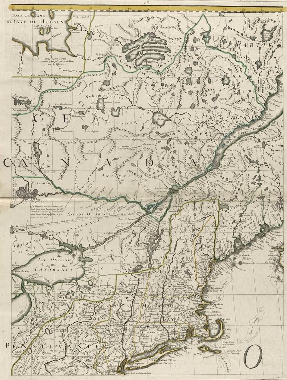 Kartta brittiläisistä ja ranskalaisista dominioista Amerikassa, 1756 (kaiverrus ääriviivavärillä paperille) tekijältä John Mitchell