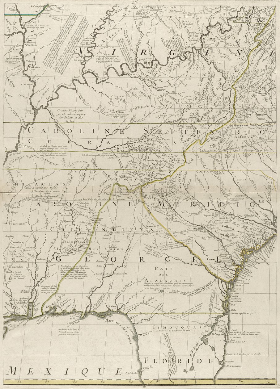 Kartta brittiläisistä ja ranskalaisista dominioista Amerikassa, 1756 (kaiverrus ääriviivavärillä paperille) tekijältä John Mitchell