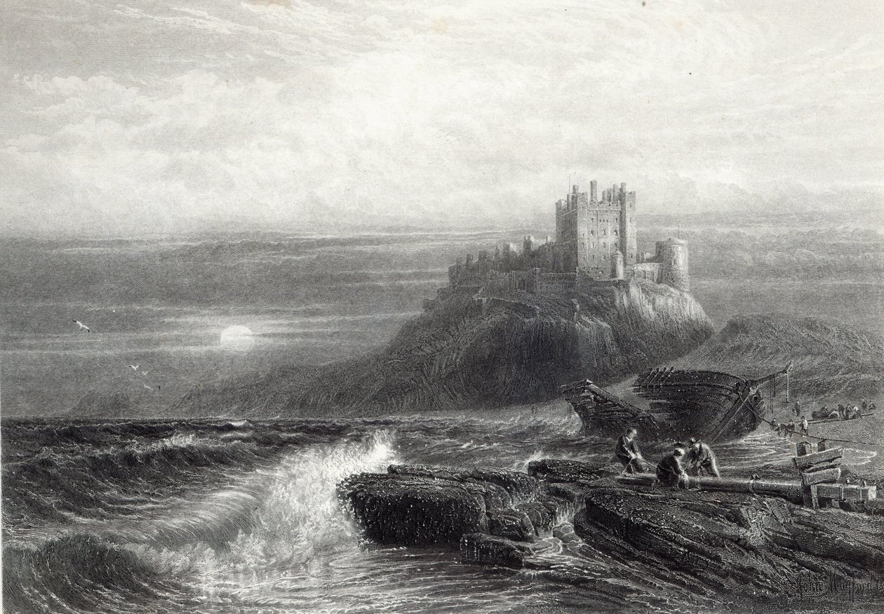 Bamburghin linna, kaiverrus S. Bradshaw, painatus Cassell and Company Ltd. tekijältä John Mogford