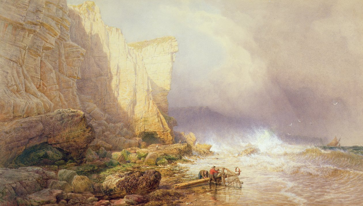 Myrskyinen sää, Clearing Seaton Cliffs, Etelä-Devon, 1800-luku tekijältä John Mogford