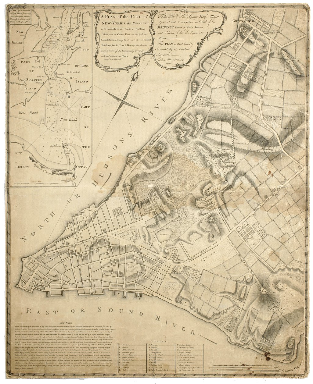 Suunnitelma New Yorkin kaupungista ja sen ympäristöstä Greenwichiin North (Hudson) Riverillä Crown Pointiin East Riverillä, kartoitettu 1766, 1775 (litografia) tekijältä John Montresor