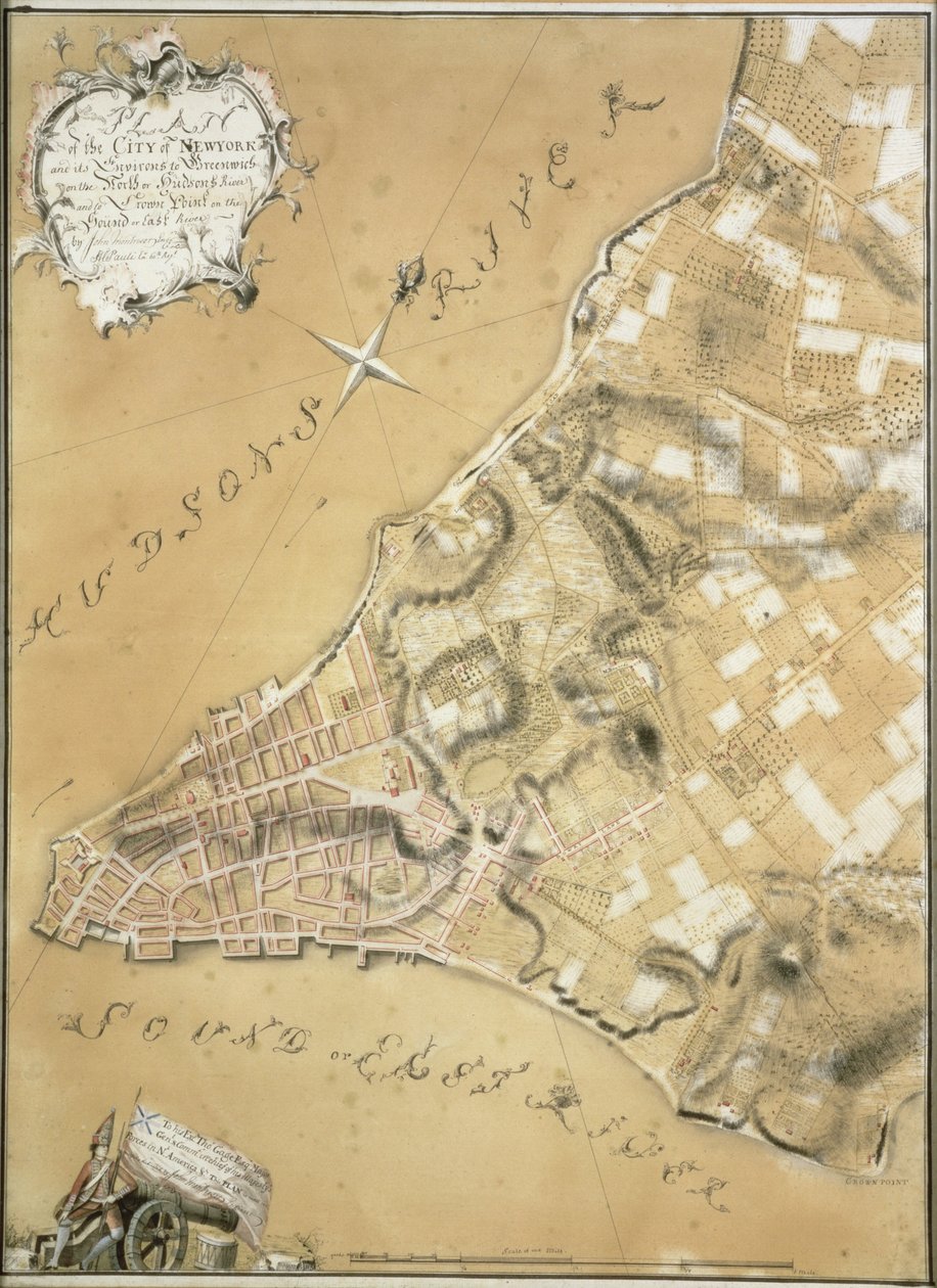 New Yorkin kaupungin ja sen ympäristön varhainen kartoitus Greenwichiin asti, 1766 (kynä ja muste buff-paperille). tekijältä John Montresor