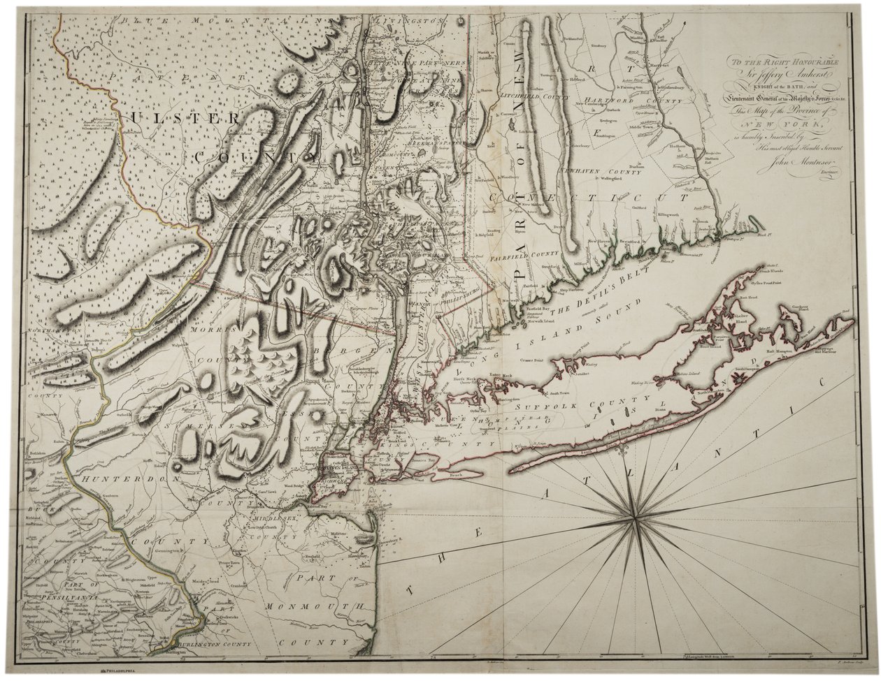 Lower New Yorkin osavaltion ja sitä ympäröivien alueiden kartta, n. 1775 tekijältä John Montresor