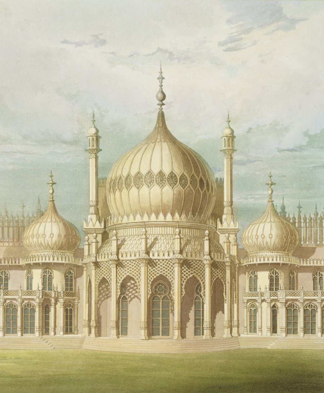Sedanin ulkopuoli Views of the Royal Pavilionista, Brighton, kirjoittanut John Nash, 1826 (tulostus) tekijältä John Nash
