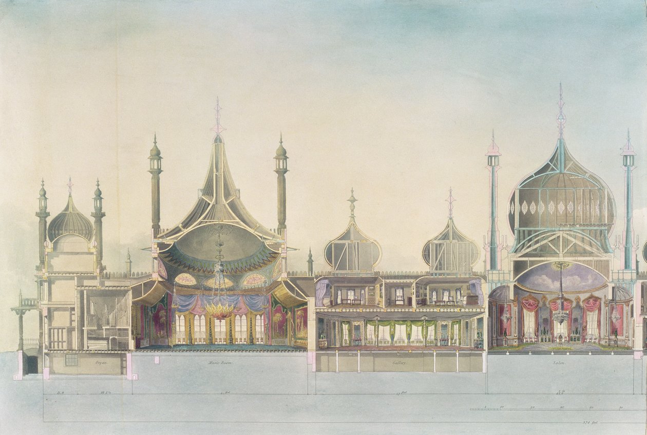 Pitkittäisleikkaus (L–R) Urut, musiikkihuone, galleria, salonki, juhlatila, sivuhuone, keittiö, josta on näköala Royal Pavilioniin, Brighton, kirjoittanut John Nash, 1826 (tulostus) tekijältä John Nash