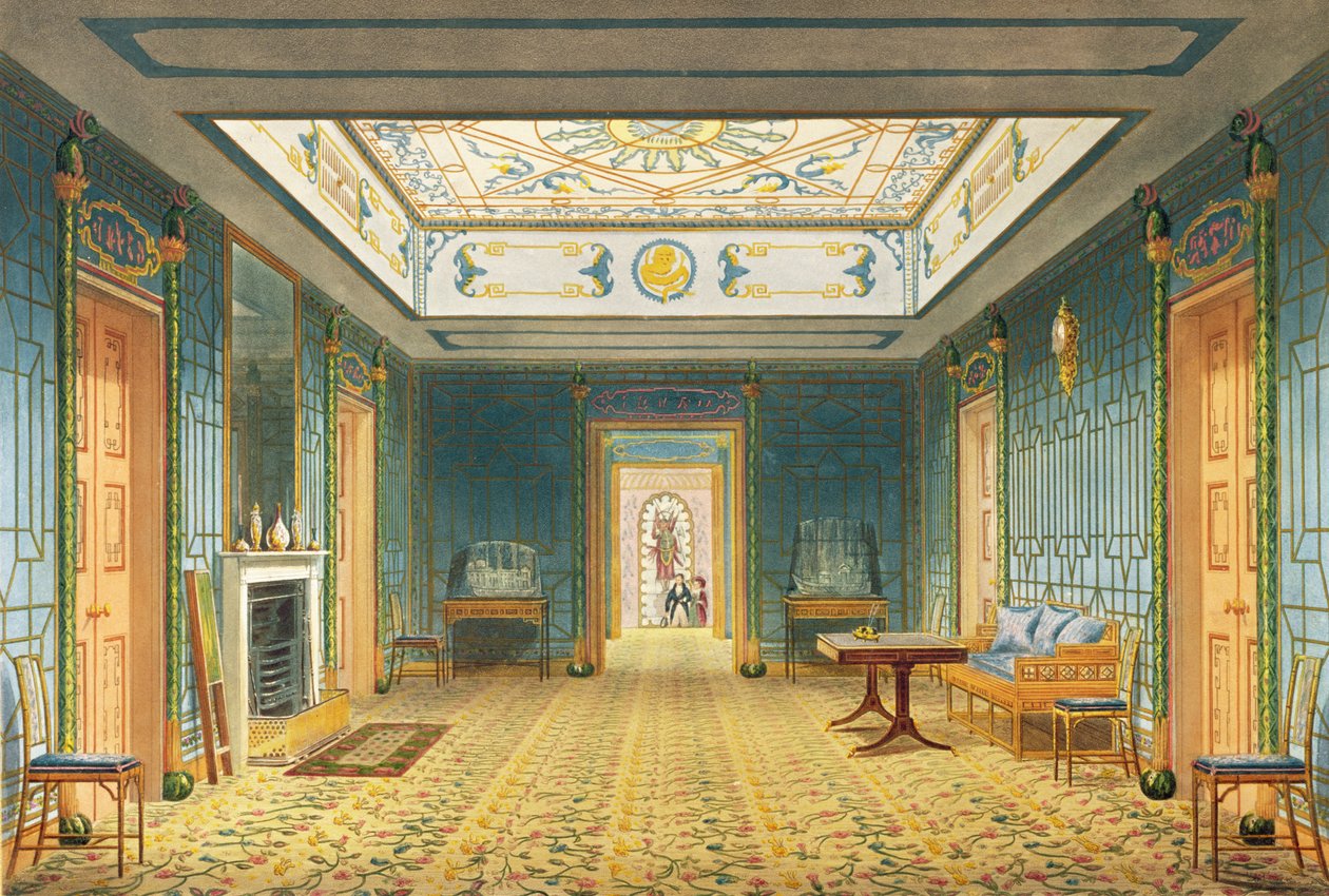 Kaksinkertainen aula tai galleria (etelä) käytävän yläpuolella Brightonin kuninkaallisen paviljongin näkymistä, kirjoittanut John Nash, 1826 (tulostus) tekijältä John Nash