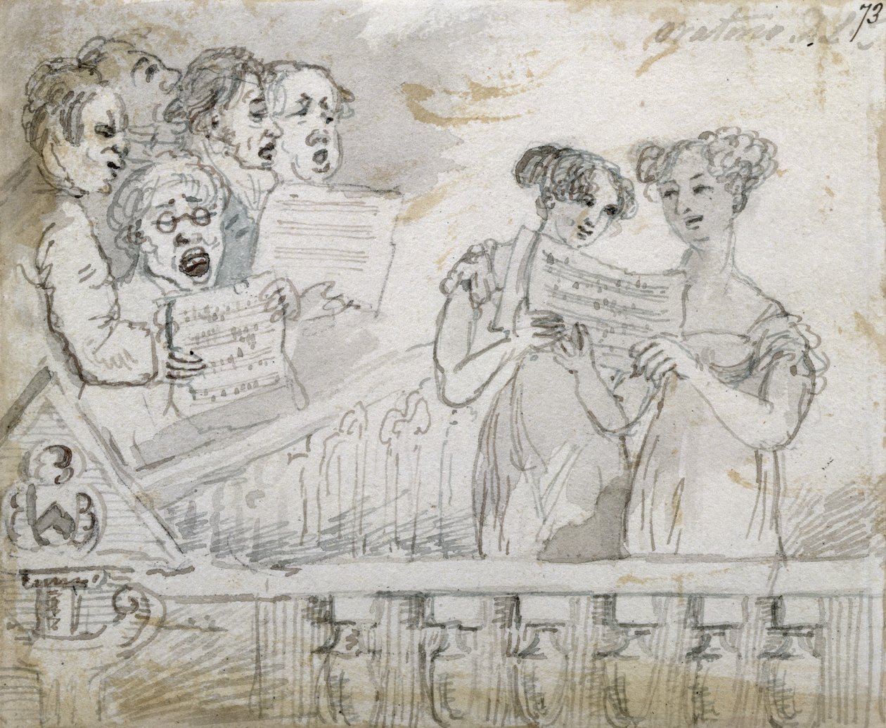 Oratorioesitys Drury Lane -teatterissa, ensimmäinen osa triptyykistä, 1814 (wc ja muste) (katso myös 84544-5) tekijältä John Nixon